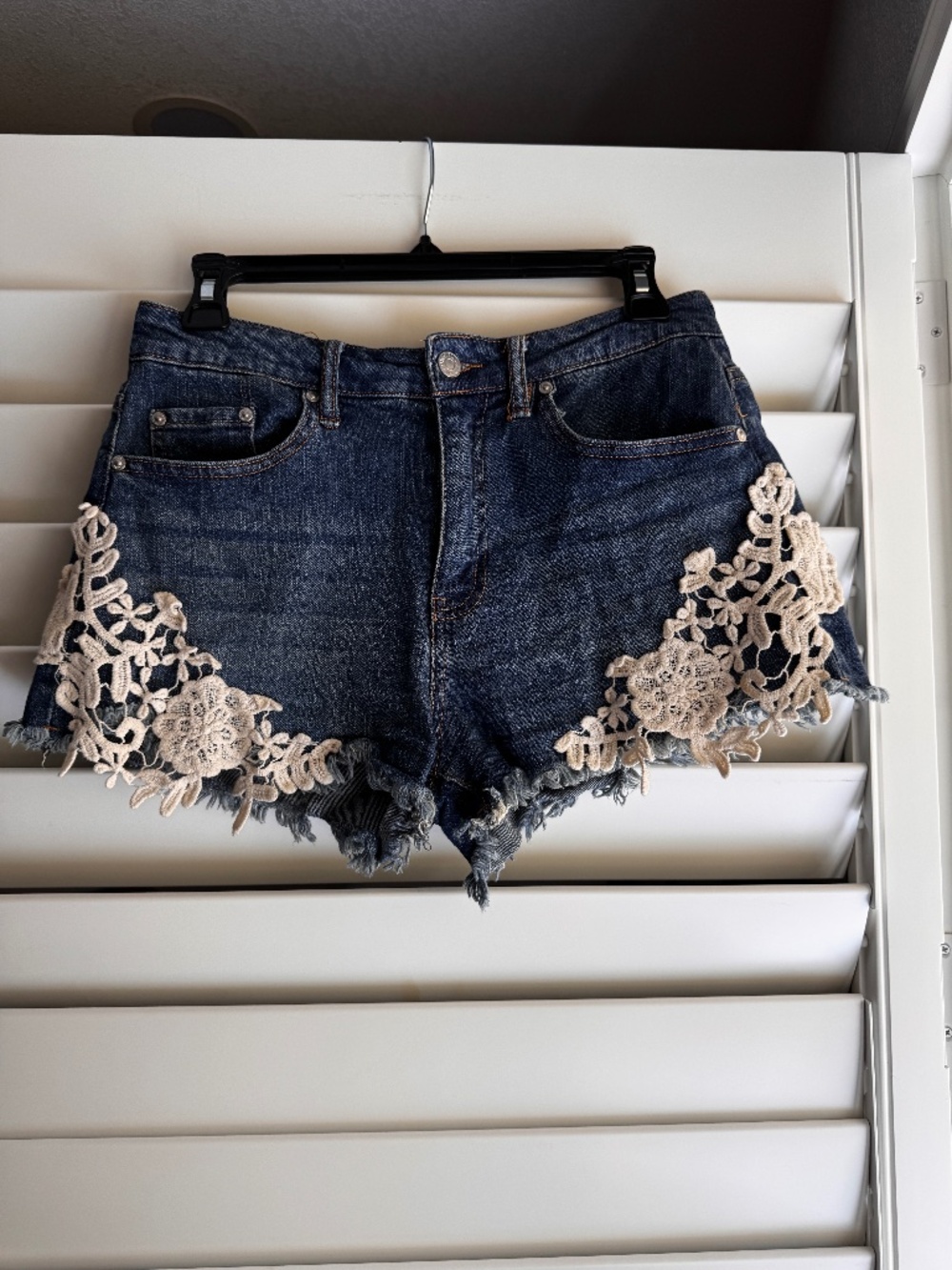 Almost Famous Blue Denim Shorts with Cream Crochet Floral Trim